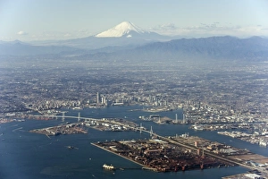 Aerial view of Yokohama city and Mount Fuji, Shizuoka Prefecture, Japan, Asia Aerial view of Yokohama city and Mount Fuji, Shizuoka Prefecture, Japan, Asia