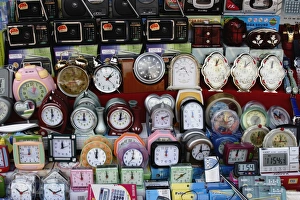 Images Dated 17th January 2005: Alarm clocks of all different designs on market stall, Aluthgama, Sri Lanka, Asia