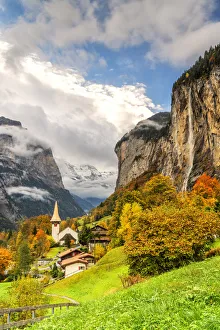 Alpine village of Lauterbrunnen and Trummelbach Falls cascade in autumn, canton of Bern Alpine village of Lauterbrunnen and Trummelbach Falls cascade in autumn, canton of Bern