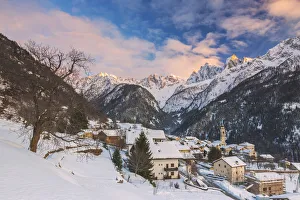 Alpine village of Soglio covered with snow, Bregaglia Valley, Maloja Region, Canton of Graubunden Alpine village of Soglio covered with snow, Bregaglia Valley, Maloja Region, Canton of Graubunden
