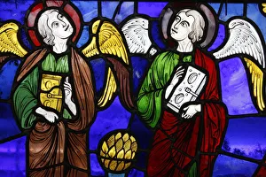 Two angels in stained glass at The International Stained Glass Centre, Chartres Two angels in stained glass at The International Stained Glass Centre, Chartres