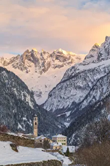 Apine village of Soglio at sunset, Bregaglia Valley, Maloja Region, Canton of Graubunden Apine village of Soglio at sunset, Bregaglia Valley, Maloja Region, Canton of Graubunden