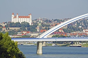 Prints of Apollo Most bridge, Bratislava Castle, Danube River, Bratislava, Slovakia, Europe Slovakia Prints: Bratislava Castle Print: Danube River and Apollo Most Bridge