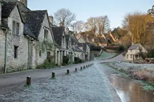Prints of Arlington Row Cotswold stone cottages on frosty morning, Bibury, Cotswolds, Gloucestershire, England, United Kingdom, Europe Gloucestershire Prints: Arlington Row Cotswold stone cottages frosty morning print
