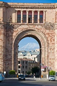 Caucasus Collection: Armenian architecture with view through arch of Mount Ararat in the distance
