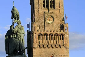 Images Dated 21st November 2014: Arms, Kingdom of Belgium, Belfry of Bruges, viewed from the Grand Place, Bruges, Belgium
