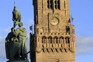 Images Dated 21st November 2014: Arms, Kingdom of Belgium, Belfry of Bruges, viewed from the Grand Place, Bruges, Belgium
