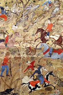 Artistic ornamentation of manuscript of Princes hunting on horseback, Safavid Iran Artistic ornamentation of manuscript of Princes hunting on horseback, Safavid Iran