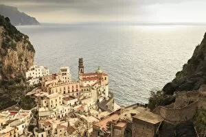 Atrani, elevated view of church, coast road and misty sea, Amalfi Coast, UNESCO World Heritage Site