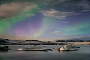 Aurora borealis (Northern Lights) over Jokulsarlon Glacial Lagoon, Iceland, Polar Regions
