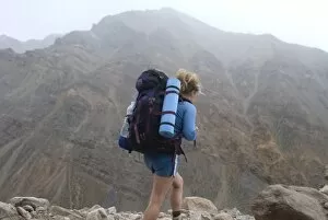 Backpacker heads up to first basecamp on Mount Aconcagua, Argentina, South America