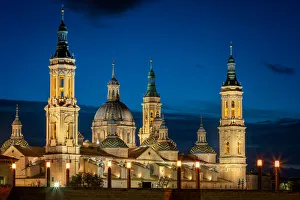 Basilica del Pilar Cathedral with tower details at night, Zaragoza, Aragon, Spain, Europe Basilica del Pilar Cathedral with tower details at night, Zaragoza, Aragon, Spain, Europe