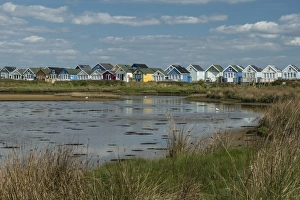 Beach huts and Lagoon, Mudeford Spit, Christchurch Harbour, Dorset, England, United Kingdom Beach huts and Lagoon, Mudeford Spit, Christchurch Harbour, Dorset, England, United Kingdom