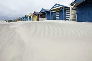 From Below Gallery: Beach huts in sand drift, West Wittering, West Sussex, England, United Kingdom, Europe