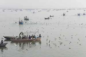 Boats on the Yamuna side of the Sangam, at confluence of Ganges and Yamuna Boats on the Yamuna side of the Sangam, at confluence of Ganges and Yamuna