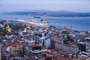 Bosphorus Strait and cruise ship at night seen from Galata Tower, Istanbul, Turkey Bosphorus Strait and cruise ship at night seen from Galata Tower, Istanbul, Turkey