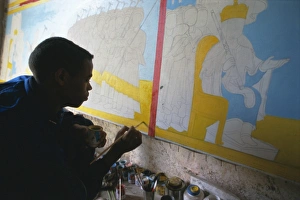 Boy working in Aleka Gamid Gidey painting workshop, Zege peninsula, Lake Tana Boy working in Aleka Gamid Gidey painting workshop, Zege peninsula, Lake Tana