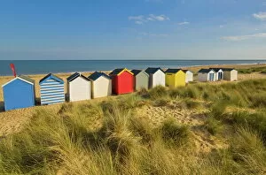 Images Dated 25th September 2009: Brightly painted beach huts, rear view, in the afternoon sunshine below Gun Hill
