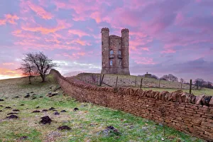 Broadway Gallery: Broadway Tower and Cotswold drystone wall at sunrise, Broadway, Cotswolds, Worcestershire