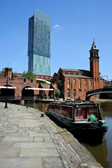 Canal boat at Castlefield with the Beetham Tower in the background, Manchester