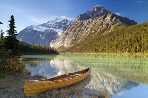 Canoe at Cavell Lake with Mount Edith Cavell in the Background, Jasper National Park Canoe at Cavell Lake with Mount Edith Cavell in the Background, Jasper National Park