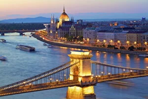 Dome Gallery: Chain Bridge, River Danube and Hungarian Parliament at dusk, UNESCO World Heritage Site, Budapest