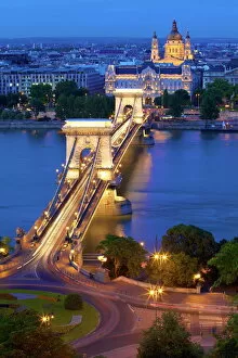 Budapest Gallery: Chain Bridge, Four Seasons Hotel, Gresham Palace and St. Stephens Basilica at dusk