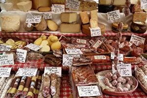 Stalls Gallery: Cheese and salamis at Papiniano market, Milan, Lombardy, Italy, Europe