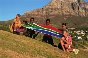 Caucasian Gallery: Children with national flag, South Africa, Africa