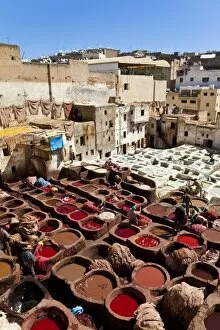 Images Dated 19th March 2011: Chouwara traditional leather tannery in Old Fez, vats for tanning and dyeing leather hides