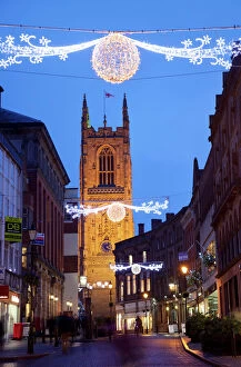 Images Dated 16th December 2011: Christmas lights and Cathedral at dusk, Derby, Derbyshire, England, United Kingdom