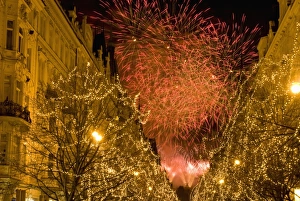 Christmas lights on trees and 19th century houses along Parizska Street Christmas lights on trees and 19th century houses along Parizska Street