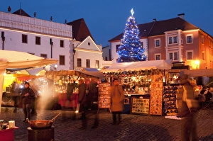 Christmas Market stalls and Christmas tree at twilight, Svornosti Square Christmas Market stalls and Christmas tree at twilight, Svornosti Square