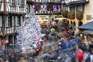 Christmas tree and Santa Claus in the pedestrian roads of the old town, Colmar, Haut-Rhin Christmas tree and Santa Claus in the pedestrian roads of the old town, Colmar, Haut-Rhin