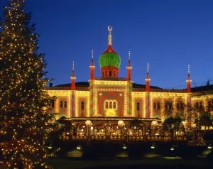 Prints of Illuminated Christmas tree and the Pavilion at dusk, Tivoli Gardens, Copenhagen, Denmark, Scandinavia, Europe Denmark Prints: Tivoli Gardens Illuminated Christmas Tree Print