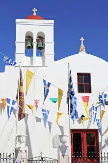 Images Dated 14th October 2013: Church with flags in Mykonos Town, Mykonos Island, Cyclades, Greek Islands, Greece, Europe