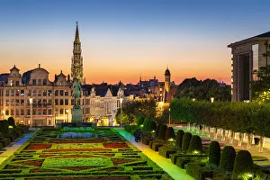 Sculptures Gallery: Cityscape at sunset, Mont des Arts Floodlit Garden, Brussels, Belgium, Europe