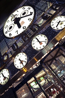 Clocks showing various world city times outside the Tourneau Store, Manhattan Clocks showing various world city times outside the Tourneau Store, Manhattan