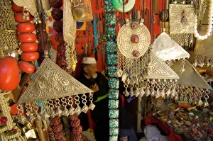 Ethnic Gallery: Close up of traditional metal jewellery in handicraft shop