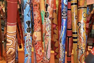 Close-up of hand painted digeridoos for sale in Sydney, New Sout Wales Close-up of hand painted digeridoos for sale in Sydney, New Sout Wales
