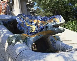 Sculptures Gallery: Close-up of a mosaic dragon statue in the Guell Park of Gaudi architecture