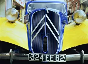 Head Lamp Gallery: Close-up of front radiator, number plate and lamps on a Citroen 4CV in France, Europe