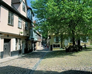 The cobbled medieval square of Elm Hill, Norwich, Norfolk, England, United Kingdom