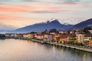 Colorful houses of Gravedona and mountains at dawn, Lake Como, province of Como, Lombardy Colorful houses of Gravedona and mountains at dawn, Lake Como, province of Como, Lombardy
