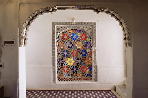 Coloured glass Jali in hallway within the palace Coloured glass Jali in hallway within the palace