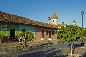 Colourful buildings and Church of Guadelupe on popular Calle de la Calazada in centre of Colourful buildings and Church of Guadelupe on popular Calle de la Calazada in centre of