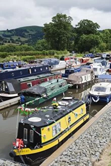 Colourful canal boats, Crickhowell, Gwent, Wales, United Kingdom, Europe