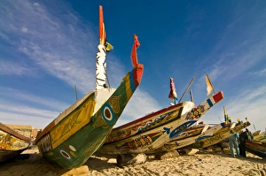 Colourful fishing boats at the fishing habour, Nouakchott, Mauritania, Africa Colourful fishing boats at the fishing habour, Nouakchott, Mauritania, Africa