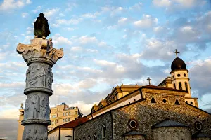 Column and Orthodox church in Skopje, Republic of Macedonia, Europe Column and Orthodox church in Skopje, Republic of Macedonia, Europe