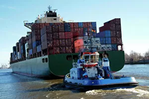 Container ship on the River Elbe, Hamburg, Germany, Europe